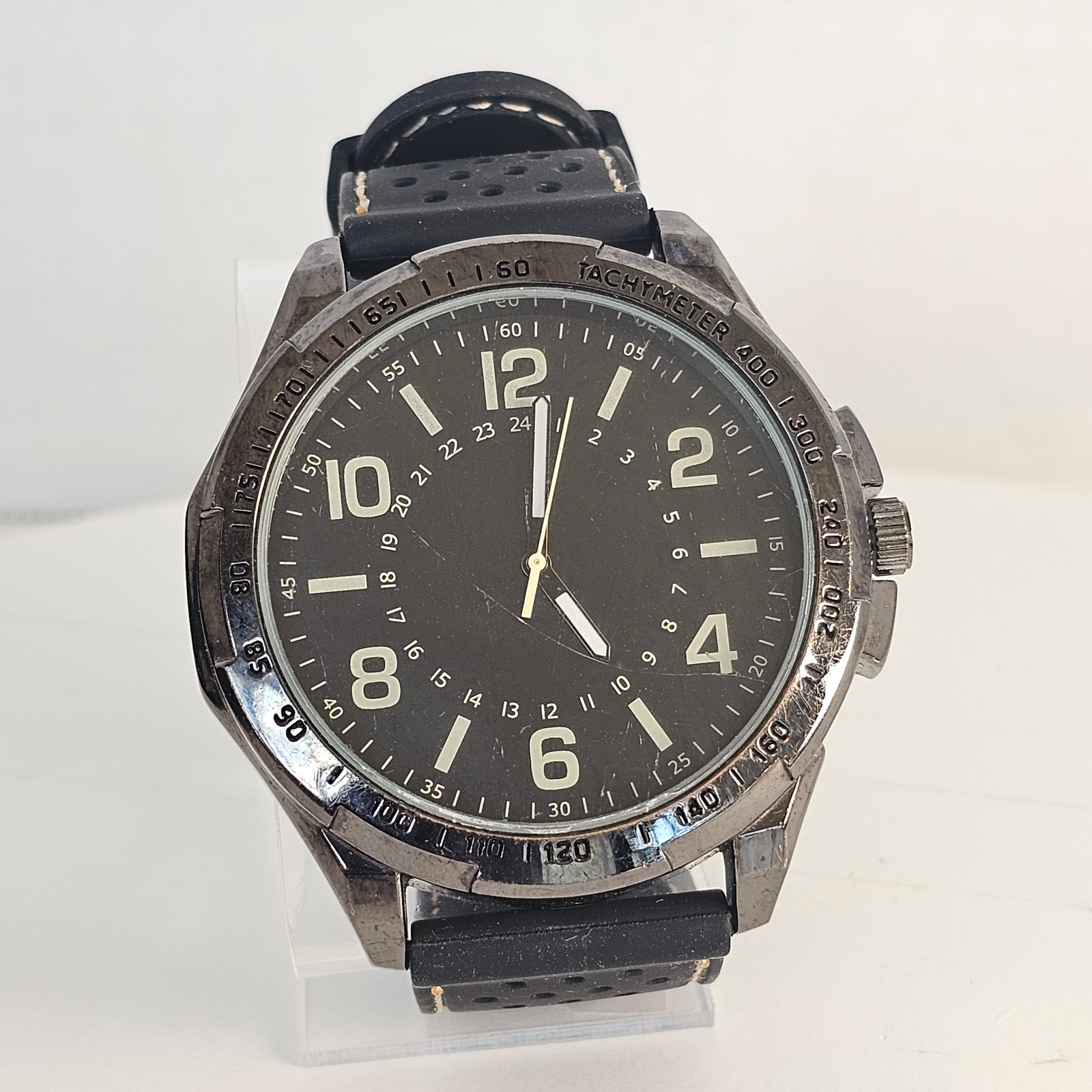 Formula Mens Black Analog Watch Tachymeter Bezel 50mm Case Rubber Band